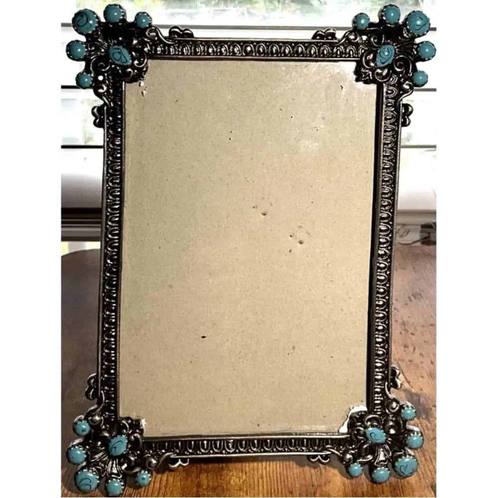 Photo Frame Silver Pewter Rectangle Turquoise Corners Accents Stand Up Easel 4X6
